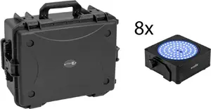 EUROLITE AKKU IP Flat Light SMD RGBW IP65 набор — 8 аккумуляторных RGBW плоских светильников, IP65, черные, в пластиковом кейсе с тележкой