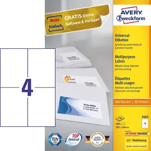 Этикетки самоклеящиеся Avery прямоугольные 400 шт Permanent White модель 3483