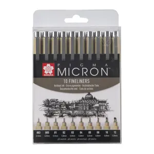 Лайнеры Sakura Pigma Micron набор — 10 шт., круглый наконечник, чёрные чернила