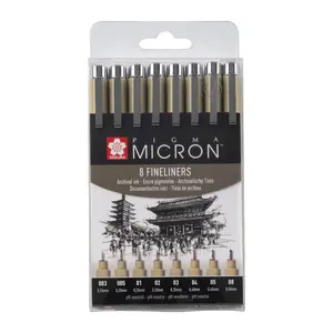 Файналайнеры Sakura Pigma Micron набор 8 шт — черные чернила, круглый наконечник, разные толщины линий