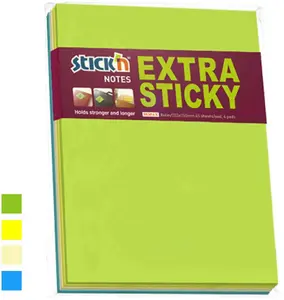Sticky notes Stickn ekstra sticky 203 x 150 mm, 45 sheets, assorted colors, pack of 4 pads