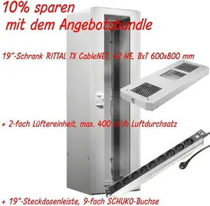 19" Network Cabinet Rittal TX CableNet 42U 600x800 mm with glazed and solid doors, 2-fan unit and PDU
