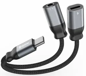 SWISSTEN Textile USB-C to USB-C Charging and 3.5mm Aux Audio Adapter 0.12m