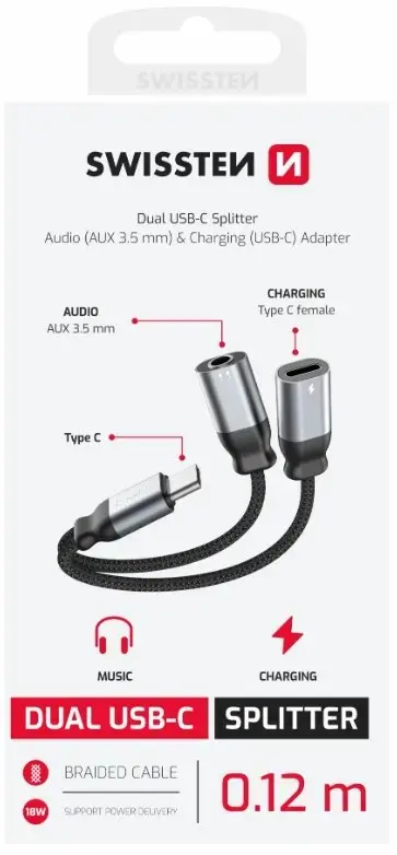 SWISSTEN Textile USB-C to USB-C Charging & 3.5mm Adapter Photo 2