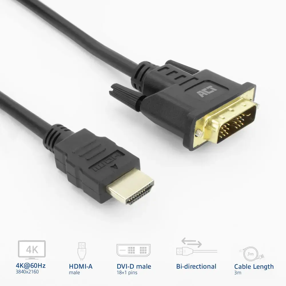 ACT AK3736 HDMI Type A uz DVI‑D kabelis, 3 m Photo 2