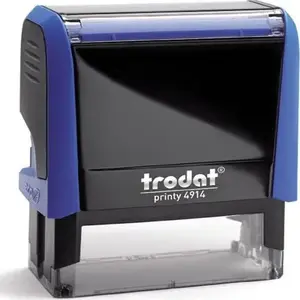 Trodat self-inking stamp 4914 in blue with black ink pad, imprint area 64×26 mm