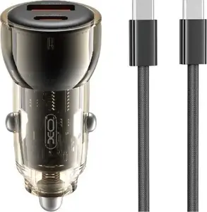 Автомобильное зарядное устройство XO CC60 60W с 1x USB-A и 1x USB-C, в комплекте кабель USB-C–USB-C, черное