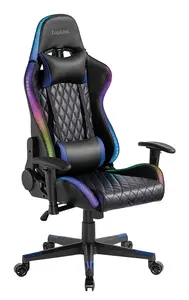 LOGILINK Gaming Chair EO0076 with Head & Lumbar Support, Black, RGB Lighting, Under-seat Storage Bag
