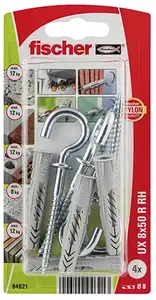 Набор крючков и дюбелей FISCHER 94621 UX 8 x 50 нейлоновые дюбели, винты 5.5 x 84, 4 шт