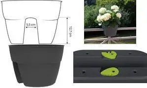 EDA railing planter OSAKA, plastic, Ø 300 mm, anthracite, height 260 mm, soil volume 8 L