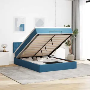 Gultas rāmis ar otomanu un matrači VidaXL modelis 3312774, zils, samta apdare, 140x200 cm