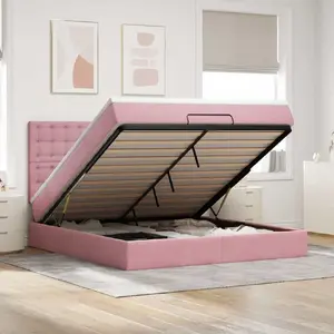 Gultas rāmis otomāna VidaXL modelis 3314479 ar matračiem, samta apdare, rozā, piemērots 160x200 cm matracim