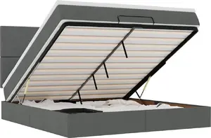 Gulta ar otomānas glabātuvi un matrači VidaXL 160x200 cm, pelēks audums