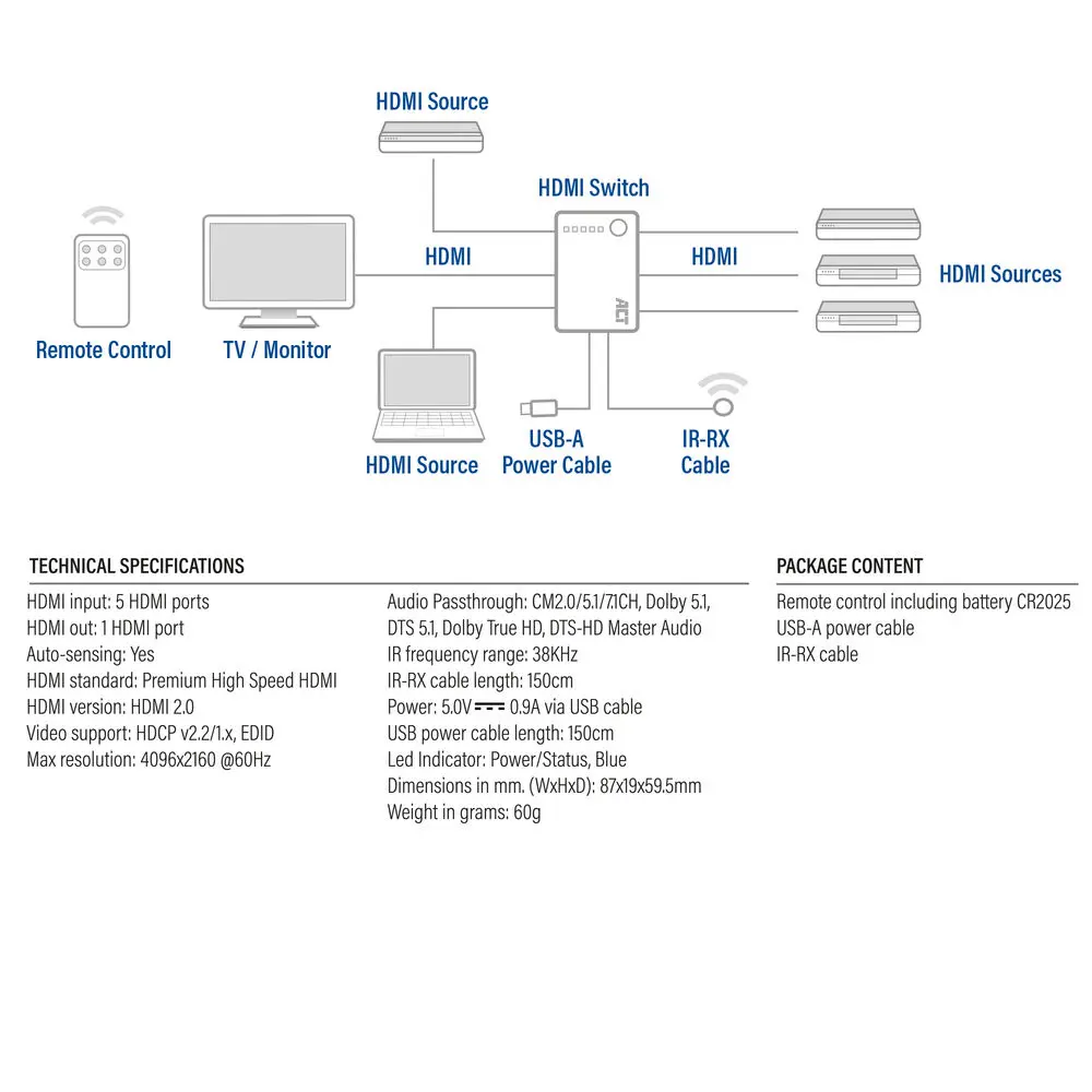 ACT AC7841 4K HDMI коммутатор 5x1 Photo 3