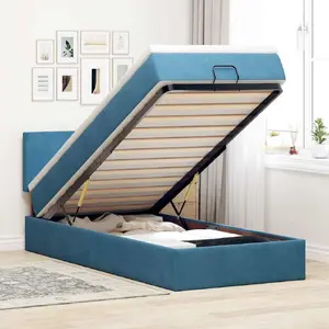 Bed frame with ottoman storage and mattress VidaXL model 3312534, blue velvet, fits 100x200 cm mattress