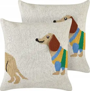Decorative cotton cushions Beliani BATTAL duo with dachshund motif 45 x 45 cm beige