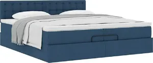 Gulta ar otomanu un matraci VidaXL, zila auduma, 200x200 cm, modelis 3311656