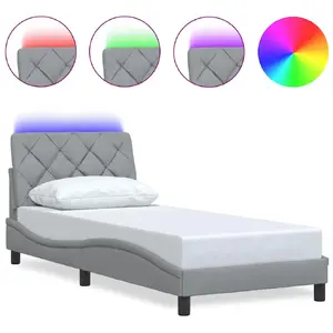 Gultas rāmis VidaXL 3310643 ar LED, pelēks audums, paredzēts 90 x 200 cm matracim, rāmis 95 x 218 x 74,5 cm