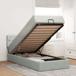 Bed frame with ottoman storage and mattress VidaXL model 3312668, gray velvet, 90x200 cm