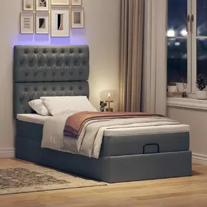 Bed frame with ottoman storage and mattress VidaXL model 3314066, fabric upholstery, grey, 100x200 cm