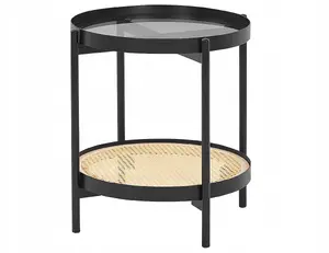Side table Beliani RENO with glass top and light wood finish, black accents