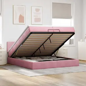 Gultas rāmis ar otomanu un matraci VidaXL modelis 3311728, samts, rozā, 200x200 cm