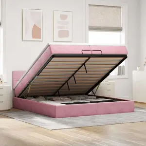 Кровать с оттоманкой и матрасом VidaXL модель 3311800, бархат, розовая, 200x200 см
