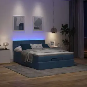 Gultas rāmja komplekts ar otomānas vietu un matraci VidaXL modelis 3312318, zils audums, priekš 140x200 cm matracim