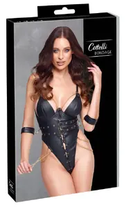 Cottelli Collection Body Bondage M — кро́тчлес боді из искусственной кожи с косточными чашками, шнуровкой спереди, регулируемыми лямками и мягкими наручниками