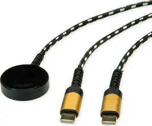 ROLINE USB-C to USB-C Split Charging Cable with Wireless Charging Pad — up to 60W wired + 15W wireless, for Apple devices, 1.2 m, black/gold