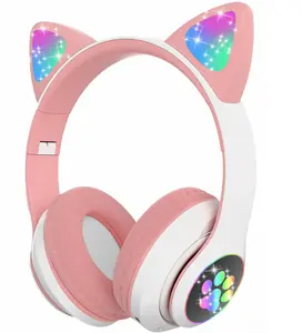 Retoo E807 bezvadu bērnu austiņas Bluetooth ar RGB LED apgaismojumu un microSD slotu, baltā-rozā