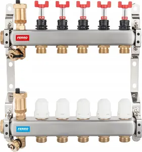 Stainless steel 9-way manifold FERRO SN-RZPU09S with thermostatic valves, flow meters, automatic air vents, drain valves, 3/4" nipples