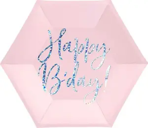 Paper birthday plates PartyDeco Happy B'day 20 cm light pink 6 pcs
