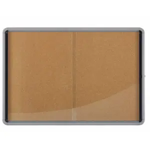 Notice Board NOBO Premium Plus Cork Lockable Sliding Door — 18×A4, Silver, Cork Surface