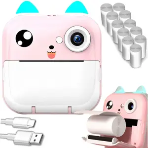 Thermal Photo Printer Retoo ER1147 for Kids with Built-in Camera, Speaker, 5 Games, Mini Cat Design, 11 Thermal Rolls - Pink