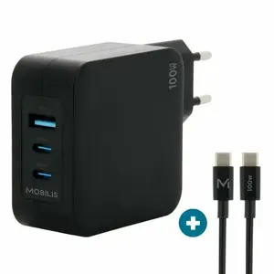 Ravanson Mobilis Charger 100W GaN 2×USB‑C + 1×USB‑A AC indoor — for laptop, smartphone, tablet — Black