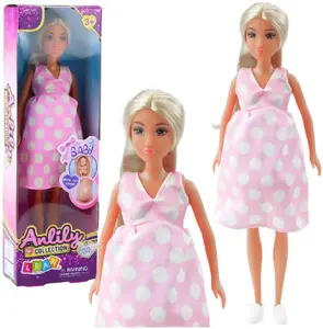 LEANToys lelle Anlily grūtniece ar gariem matiem gaiši rozā kleitā ar punktiņiem, modelis 24487
