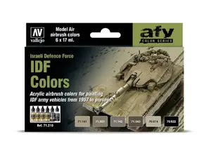Krāsu komplekts VALLEJO Vallejo IDF Colors — Model Air AFV (US Olive Drab, IDF Sand Grey 61-73, 73, Sinai Grey 82, Hemp) 17 ml pudelēs