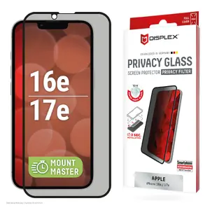 Privacy Tempered Glass Screen Protector e.v.i. Displex (10H) for Apple iPhone 16e/17e with Privacy Filter, Impact and Scratch Resistant