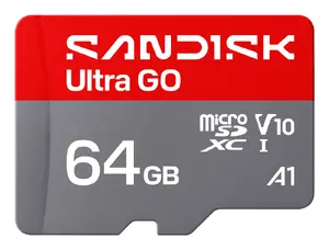 MicroSDXC Flash Card SANDISK Ultra GO 64 GB UHS-I V10, Read 140 MB/s, Red/Grey