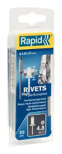 Aizklāta kniede Rapid Tools 5000387, alumīnijs/taisns tērauds, galviņas Ø 4,8 mm, vītņa Ø 4,8 mm, garums 10 mm, 50 gab.