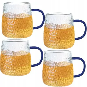 Glass Tumblers with Handle 4×350 ml, MG Home — Ridged Blue