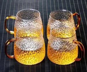 Glass Tumblers ORION set of 4 — 350 ml each, ribbed design with handle, mustard color
