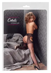 Cottelli Collection Sex Tights S/M — crotchless 20 denier velvety suspender tights, reinforced panty, decorative side cut-outs, 100% polyamide