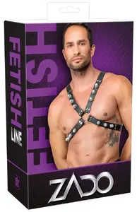 Leather Chest Harness ZADO model 20103131151 – black leather X-shaped harness with studs, adjustable buckles, metal rings