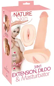 Dildo Extension & Masturbator Nature Skin 3in1 – TPE realistic sleeve, 31 cm total, 13 cm extension, insertion depth 18 cm