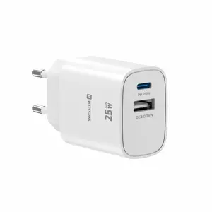 Зарядное устройство SWISSTEN Edge Travel USB-C PD 25W + USB-A QC 18W белое