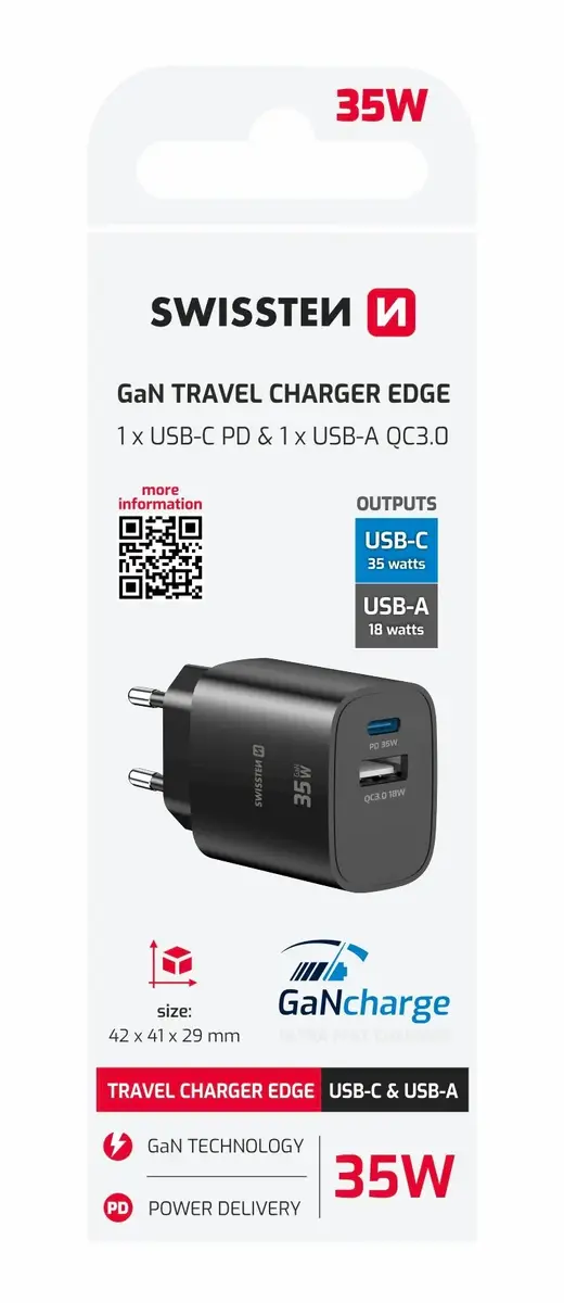 SWISSTEN Edge Travel lādētājs USB-C PD 35W + USB-A QC 18W Photo 7