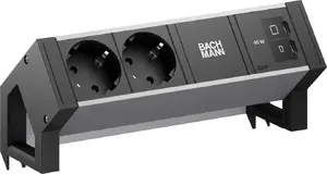 Barošanas josla Bachmann DESK2 ALU BLACK ar 2x CEE7/3 kontaktligzdām un 1x USB‑C 45W, kabelis 0,2 m, RAL9005