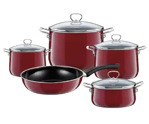 Cookware set RIESS 0558-008 — mixed stainless steel set with 4 saucepans (160L, 200L, 240L) and 1 frying pan, maroon